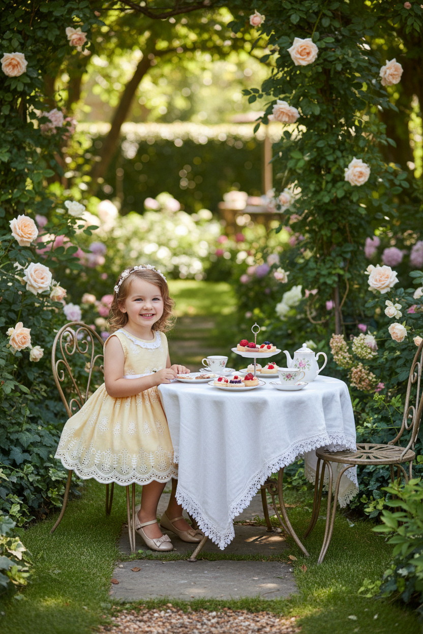 Girl at garden tea party wearing peach embroidered dress