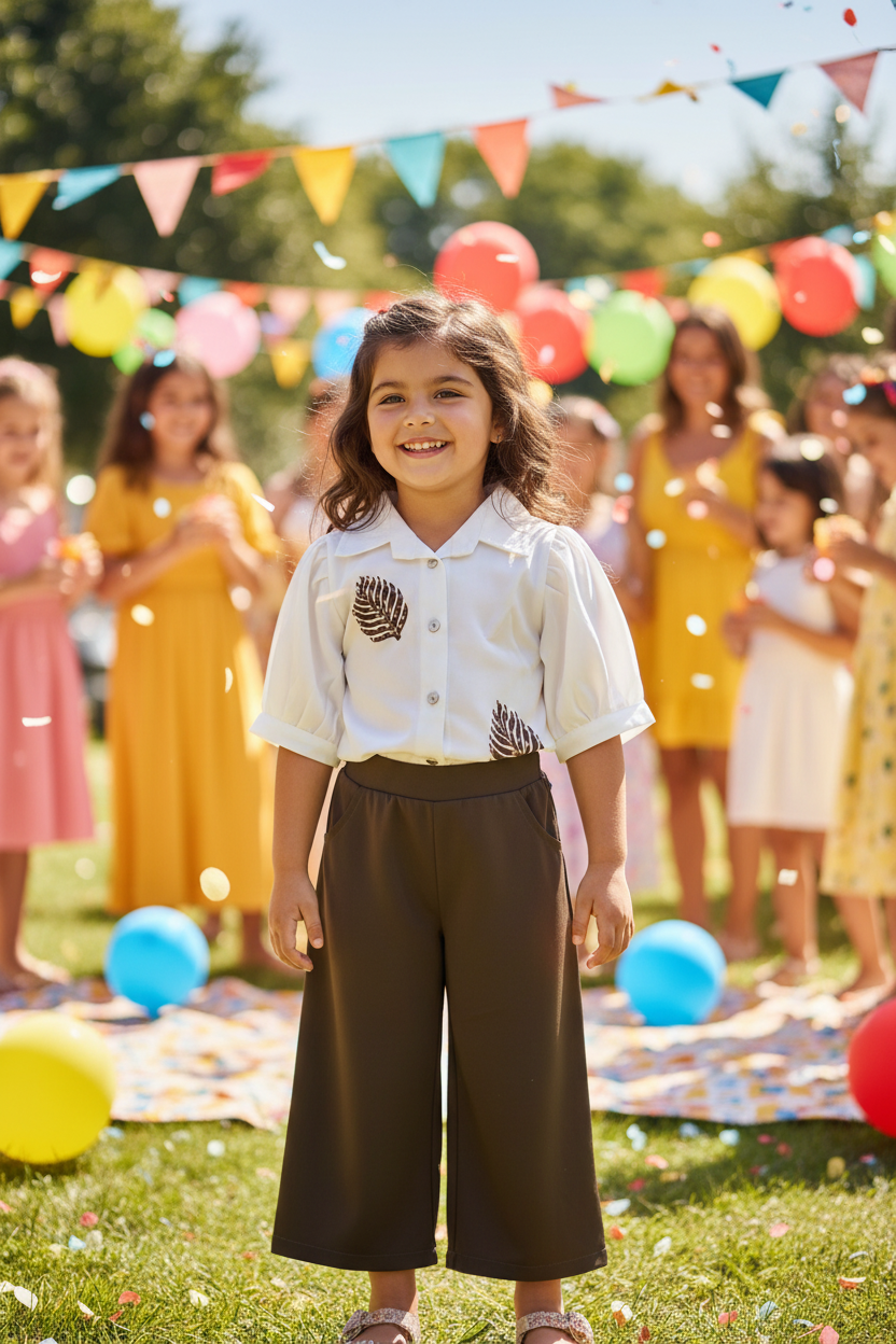 Girl at outdoor party wearing white shirt and olive palazzo outfit