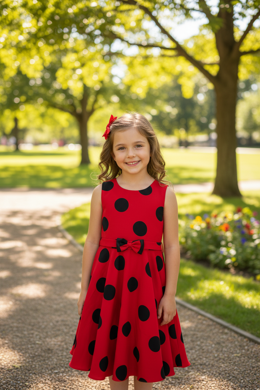 Girl at park wearing red polka dot dress