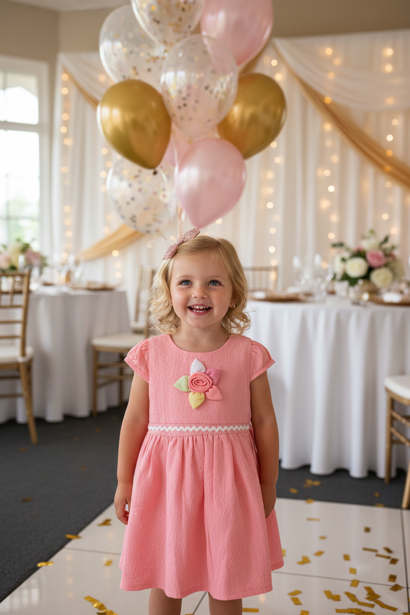 Girl at party function wearing pink floral dress