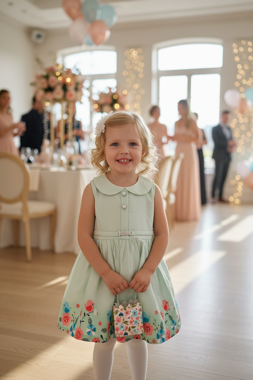 Girl at party wearing mint green floral dress