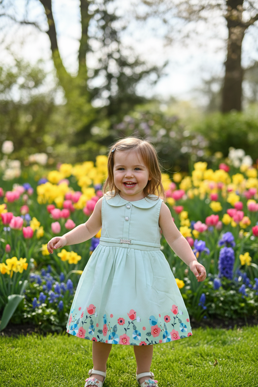 Girl at spring celebration wearing mint green floral dress