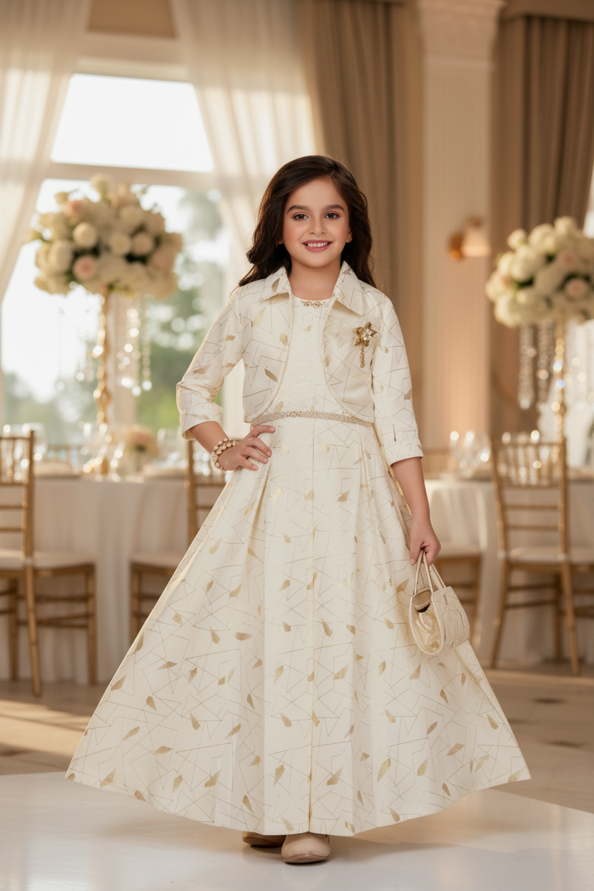 Girl at wedding wearing cream gown with jacket and purse
