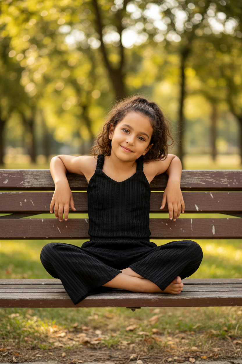 Girl in black co-ord set - park setting