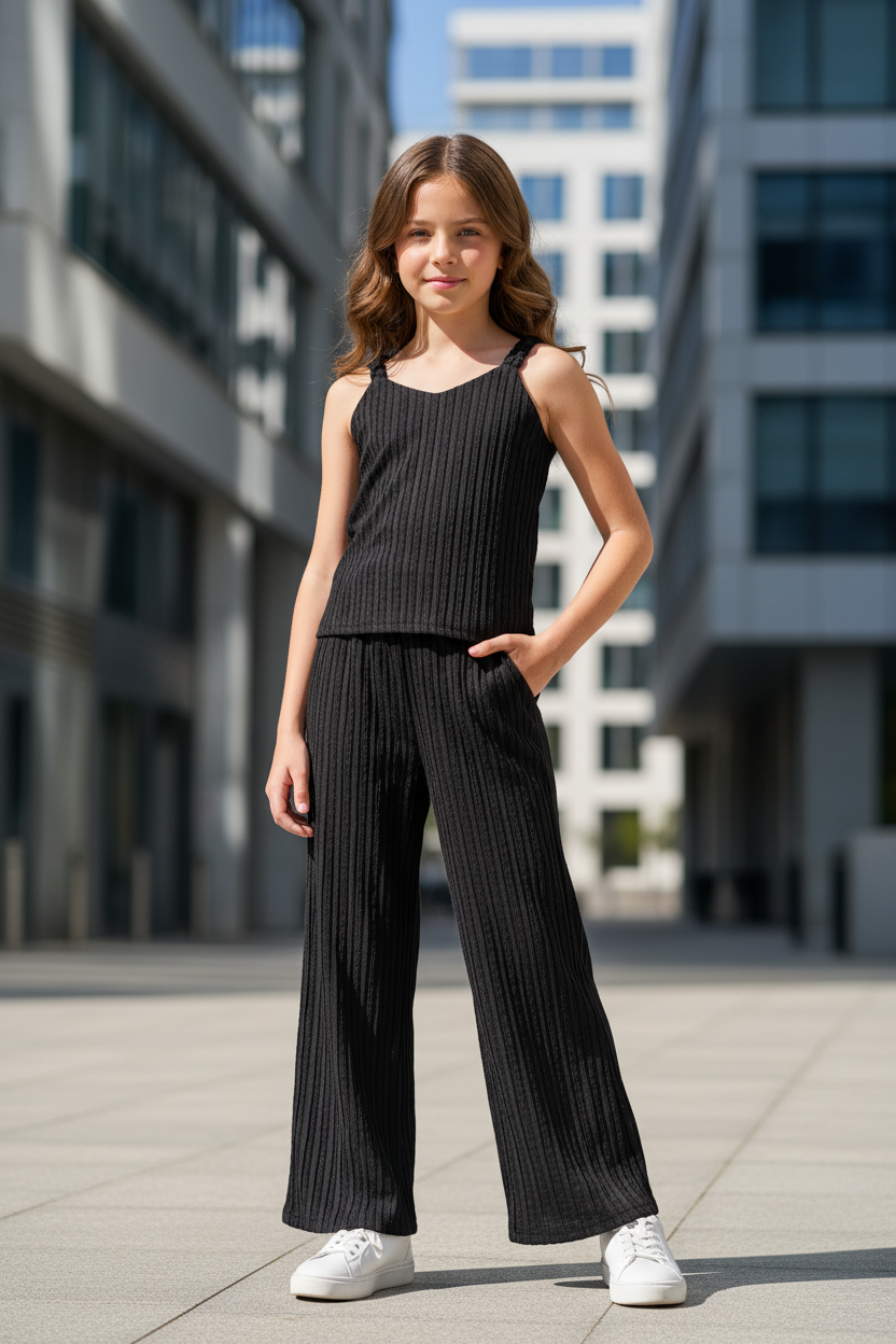 Girl in black co-ord set - urban setting