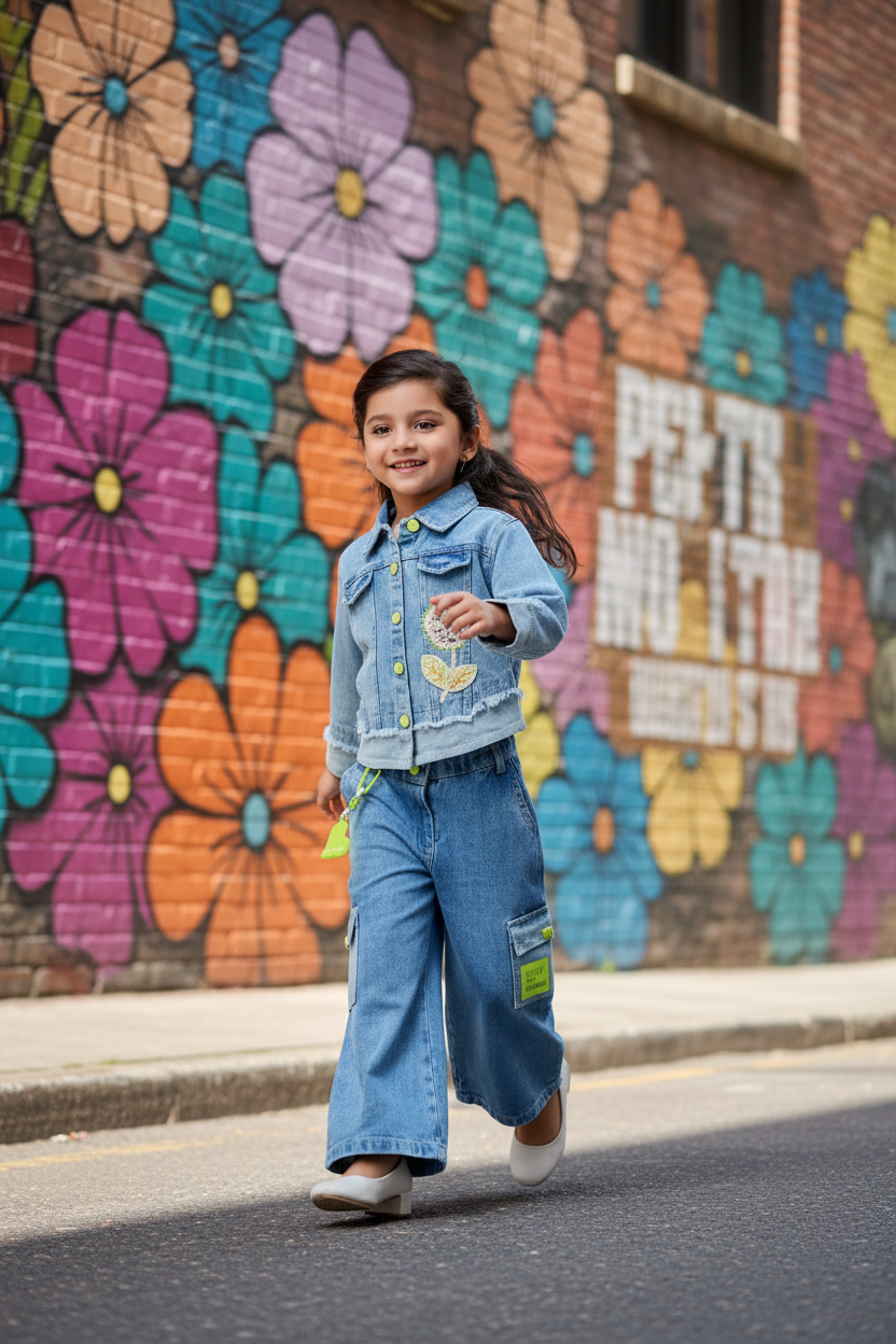 Girl in denim jacket walking in urban setting