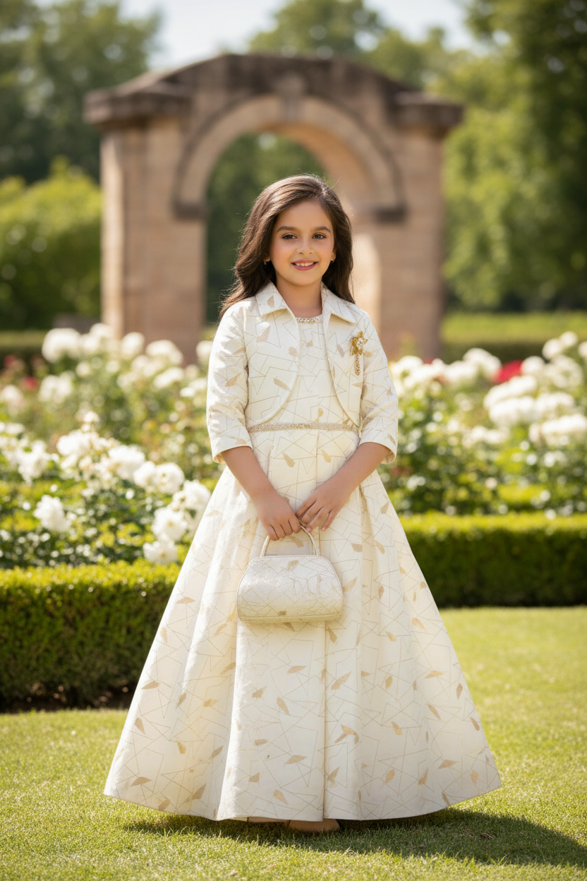 Girl in garden wearing cream white gown and jacket set