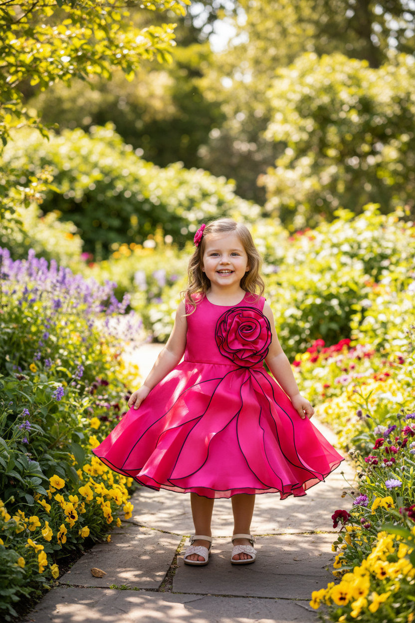 Girl in garden wearing hot pink satin dress