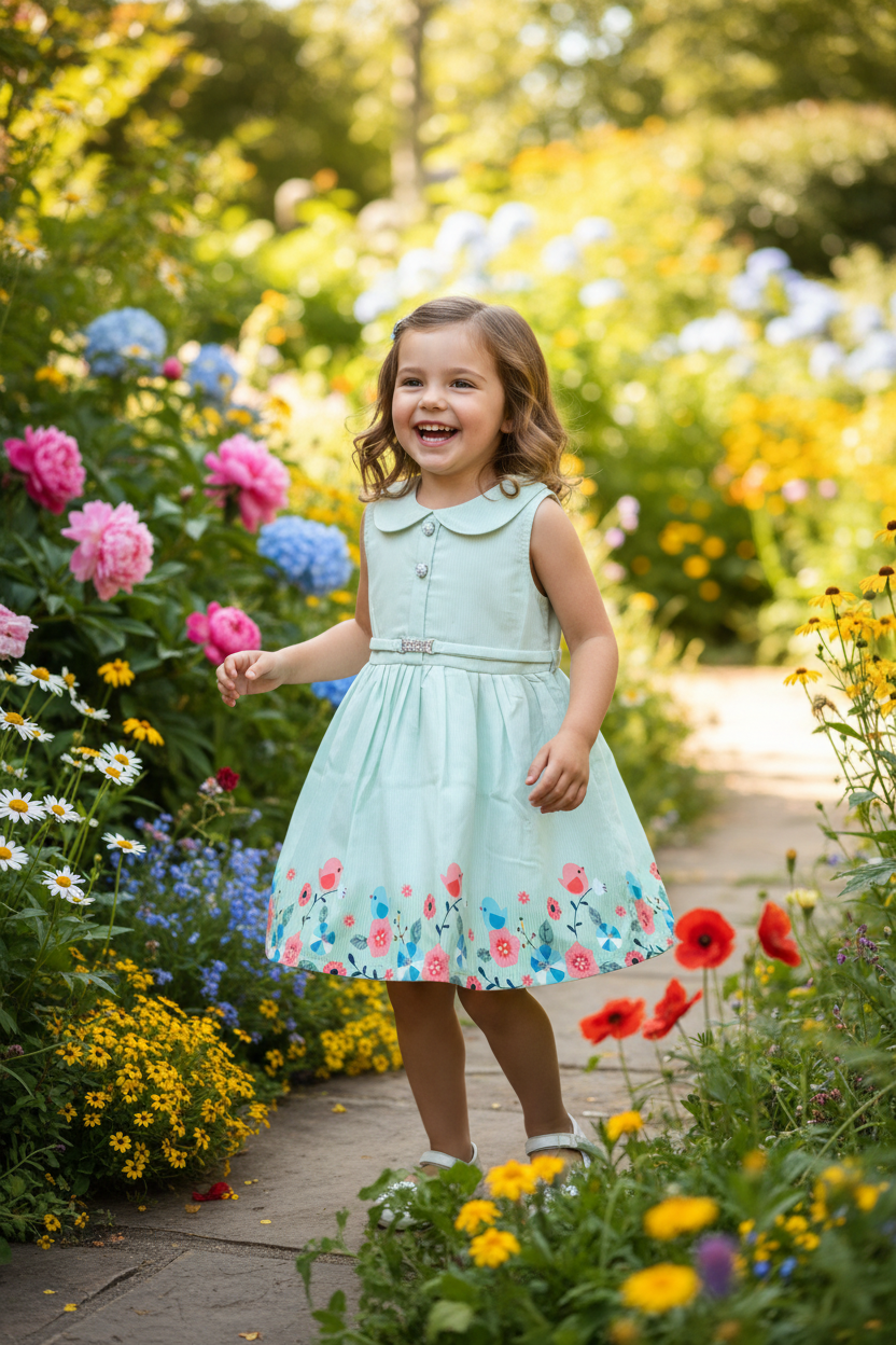 Girl in garden wearing mint green floral dress