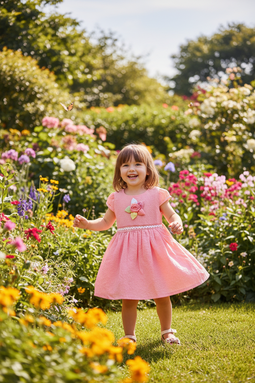 Girl in garden wearing pink floral dress