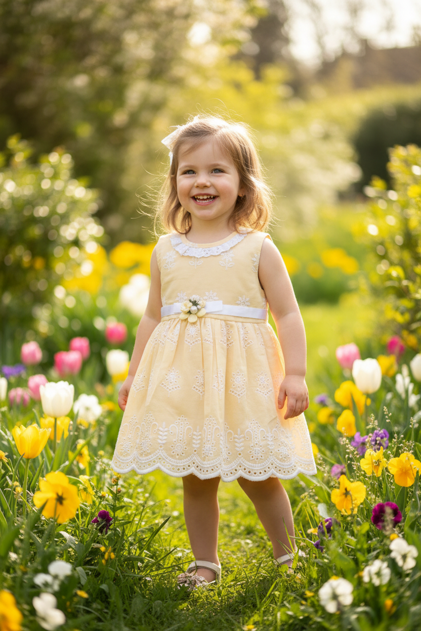 Girl in spring garden wearing peach embroidered dress