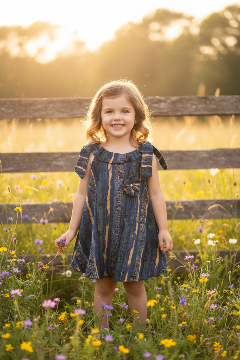 Girl in striped dress with rustic fence and wildflowers