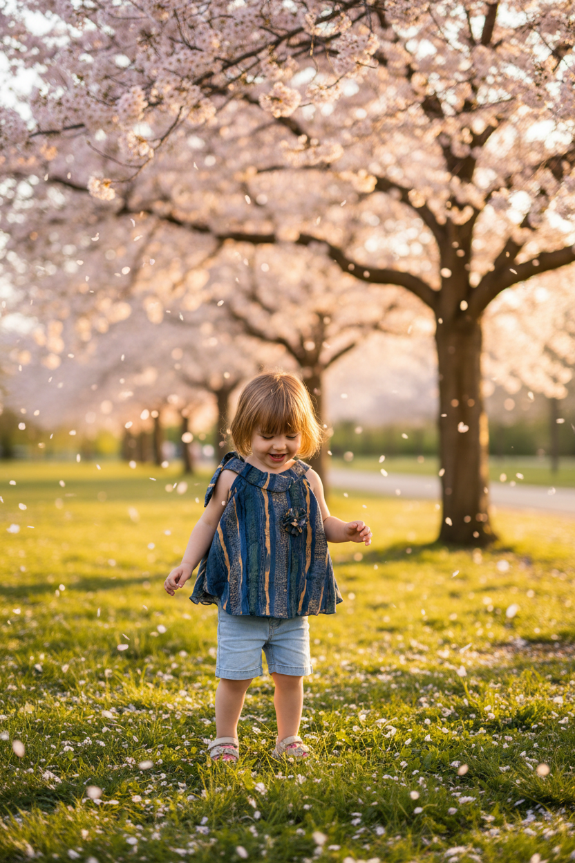 Girl in striped top in park with blossoms
