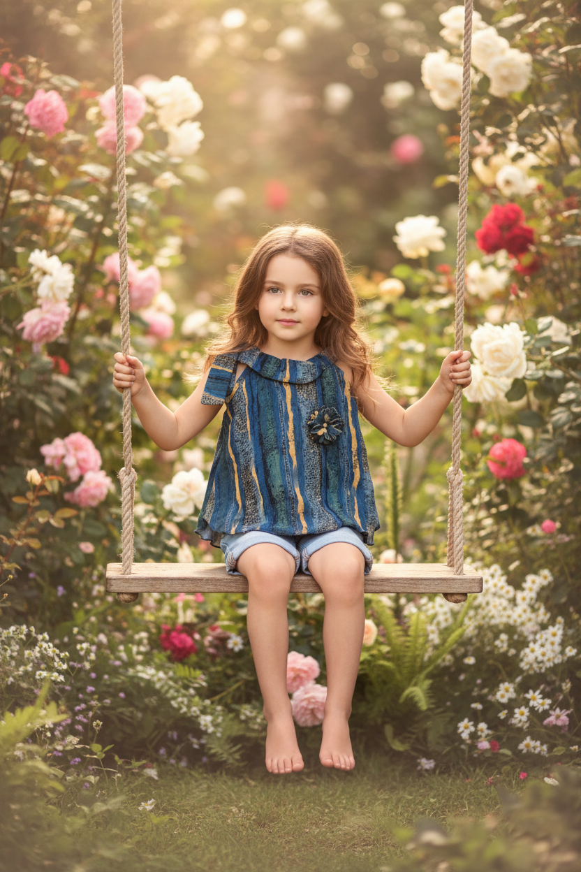 Girl in striped top on vintage swing in garden