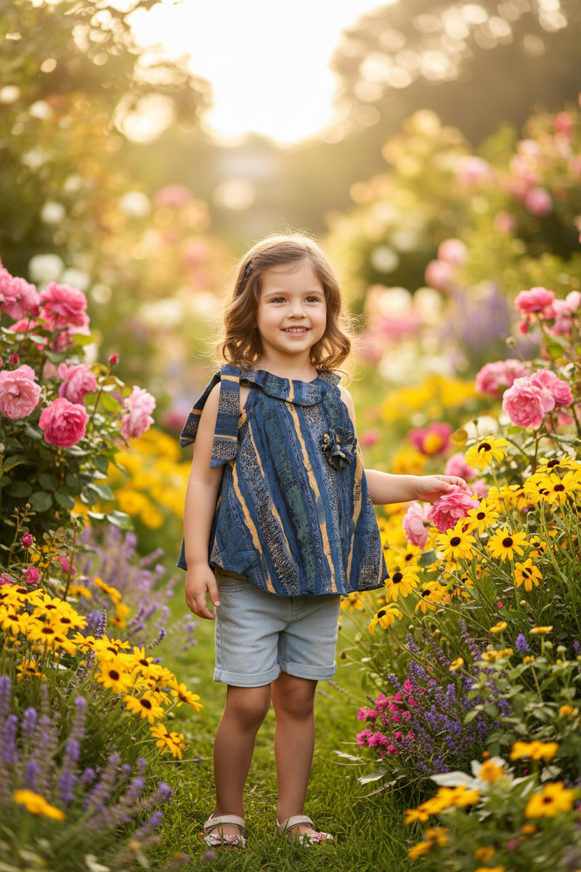 Girl in striped top with shorts in flower garden