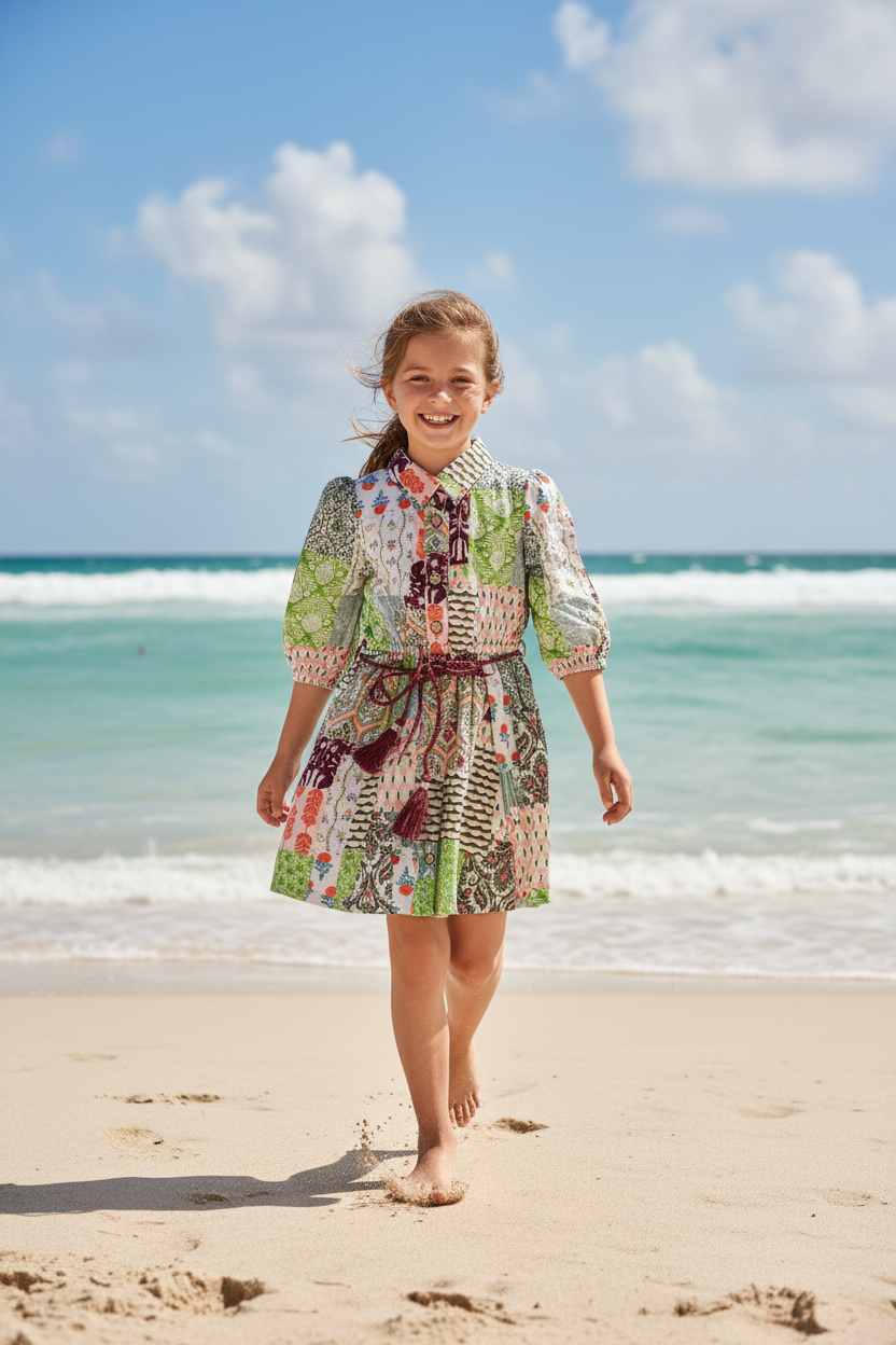 Girl on beach in patchwork frock