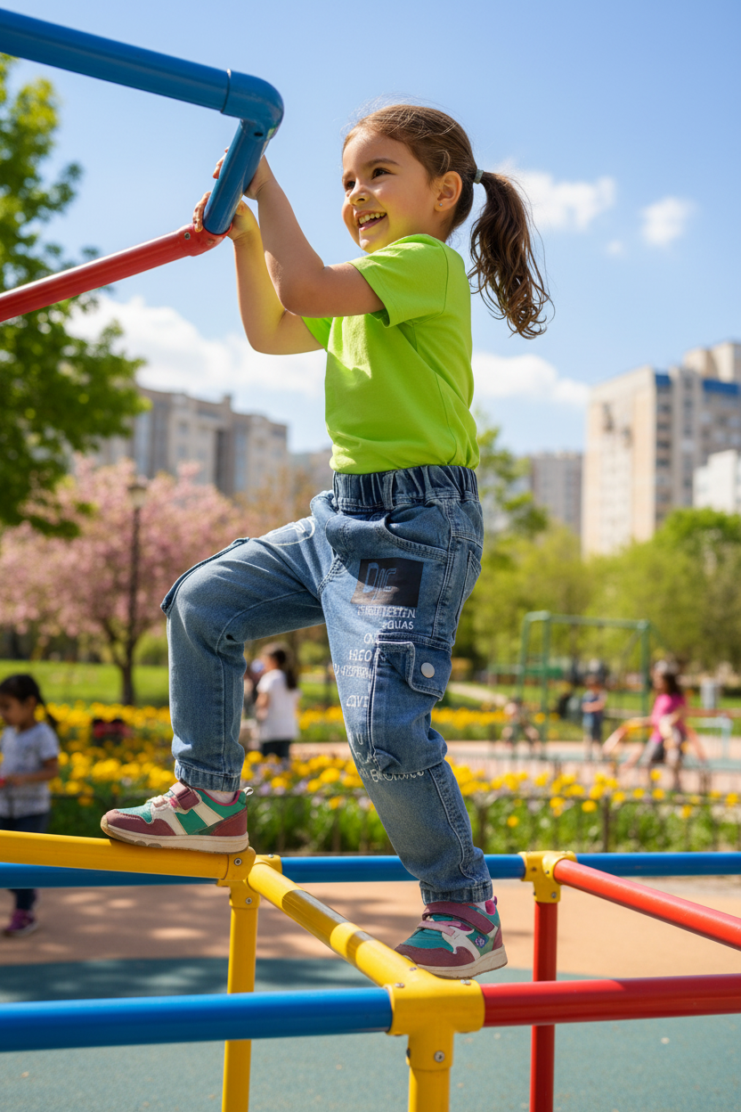 Girl on playground wearing graphic cargo jeans