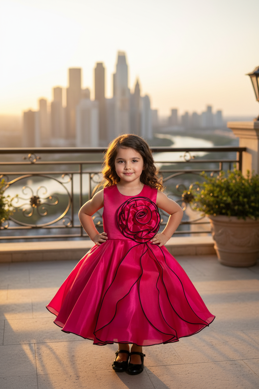 Girl on terrace wearing hot pink satin dress