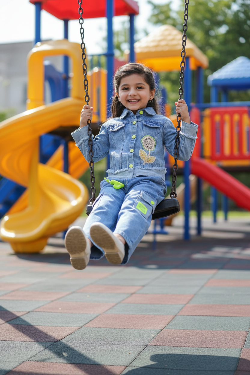 Girl playing at playground in denim set