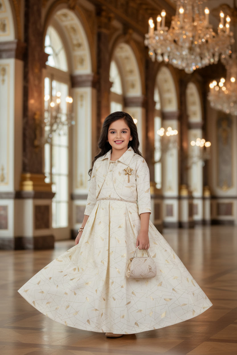 Girl posing in cream white gown and jacket ensemble