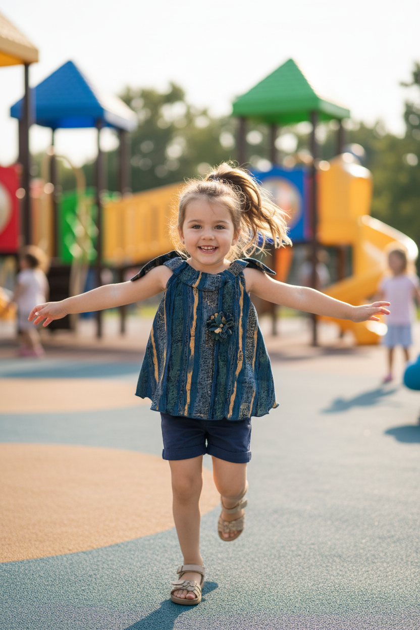 Girl running in blue striped ruffle top and shorts
