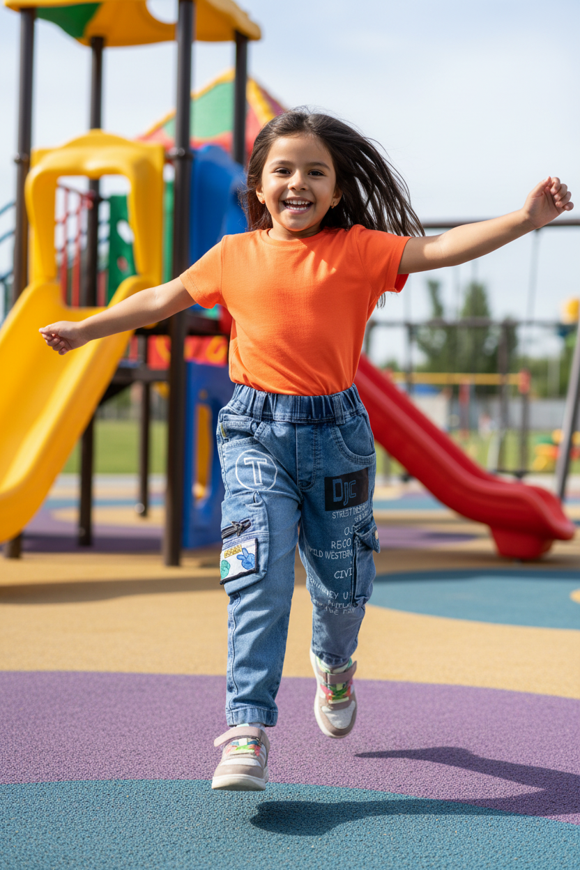 Girl running in colorful setting wearing graphic cargo jeans