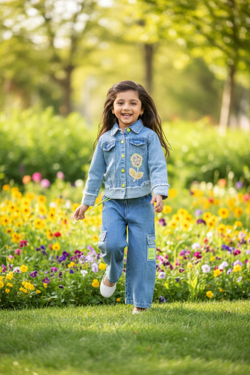 Girl running in denim set in park