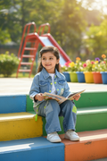 Girl sitting in denim outfit