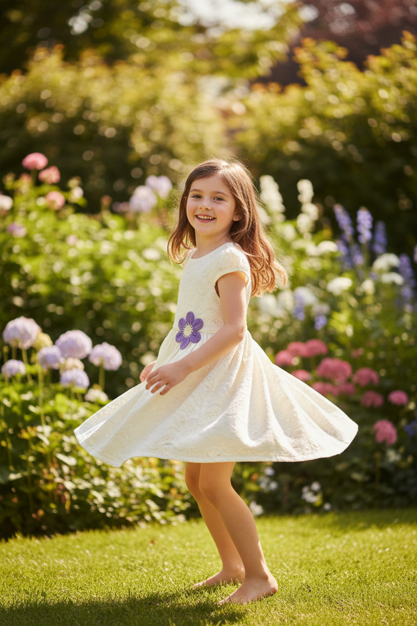 Girl twirling in garden