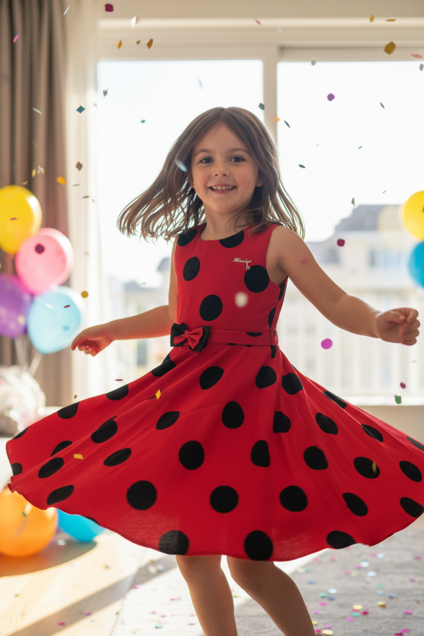 Girl twirling in red polka dot dress
