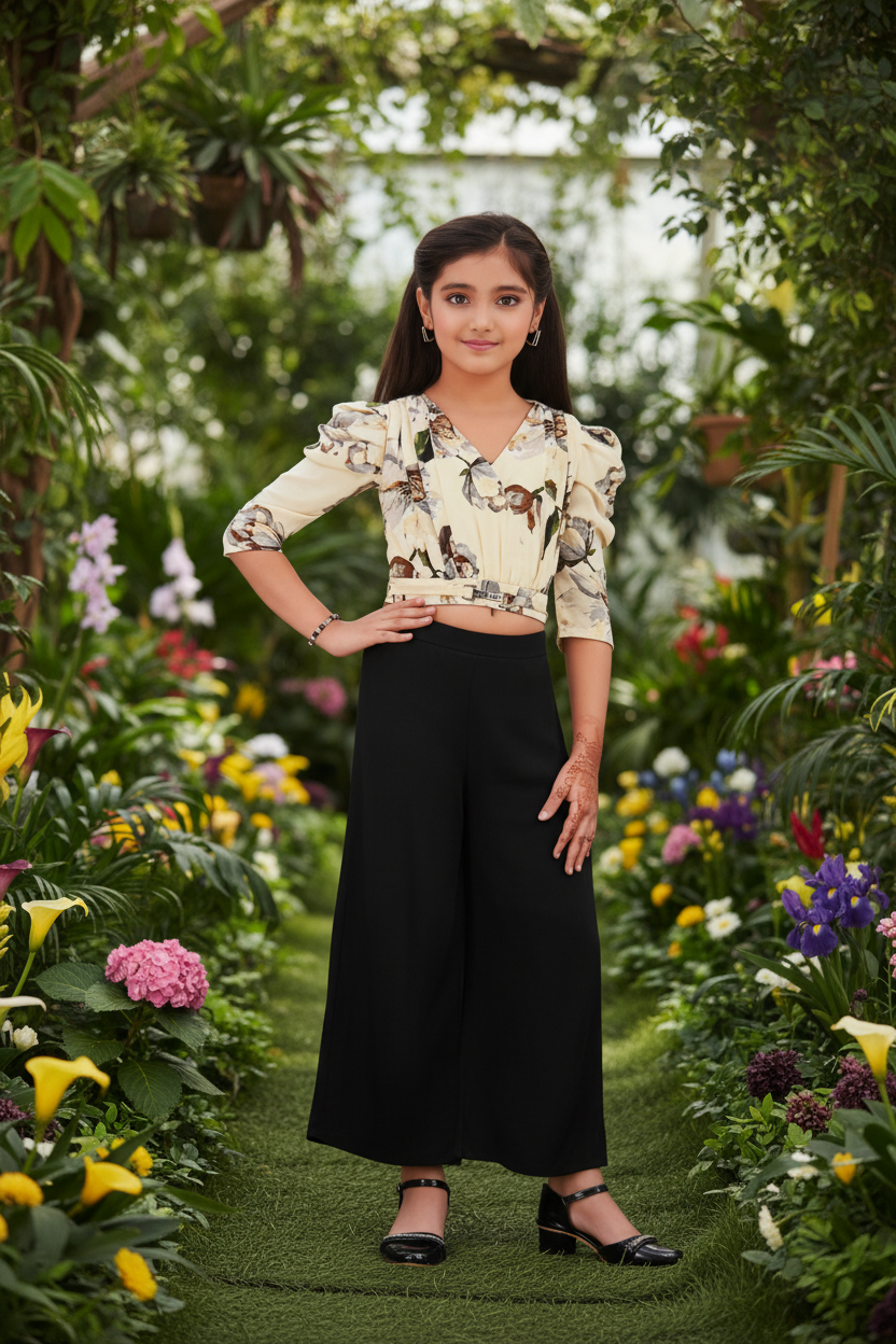 Girl wearing butterfly print co-ord - botanical garden