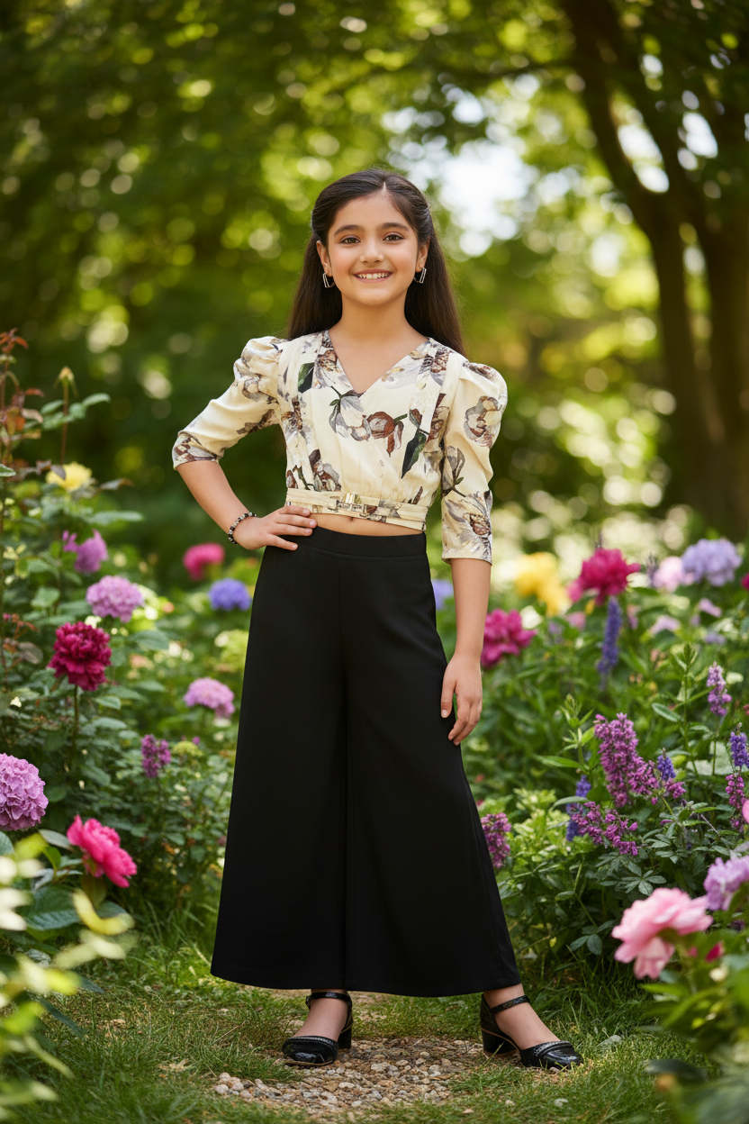 Girl wearing butterfly print co-ord - garden setting