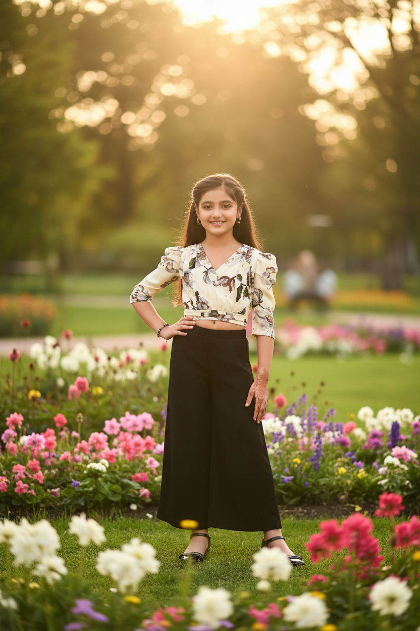 Girl wearing butterfly print co-ord - park setting