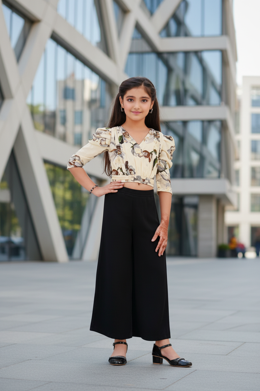 Girl wearing butterfly print co-ord - urban setting