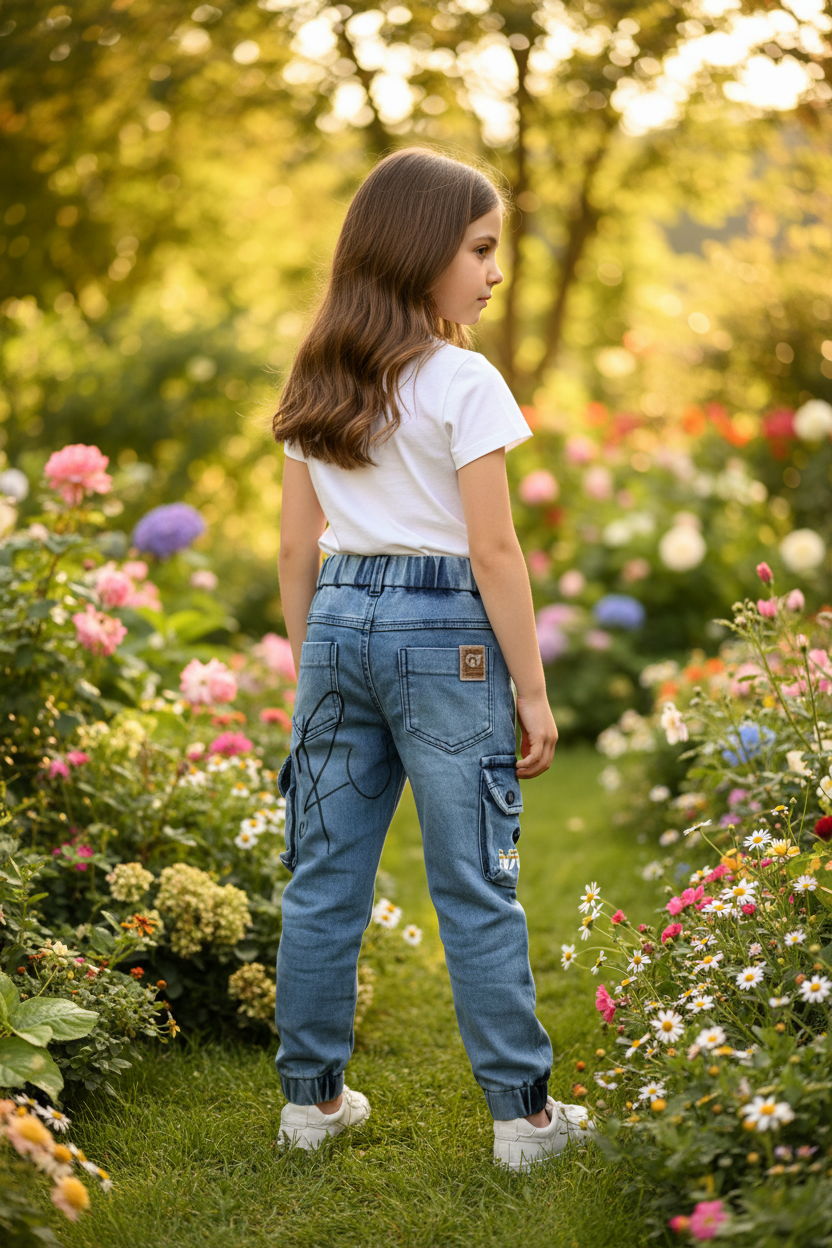 Girl wearing cargo pants - back view garden setting