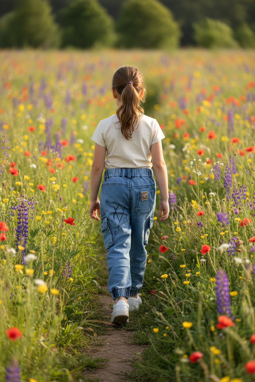 Girl wearing cargo pants - back view meadow setting