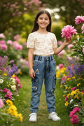 Girl wearing denim cargo pants - garden setting