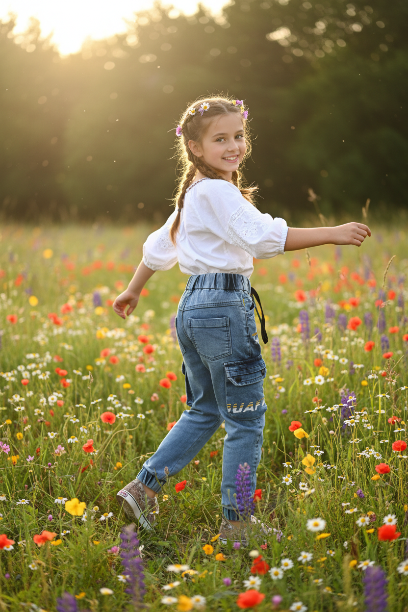 Girl wearing denim cargo pants - meadow setting
