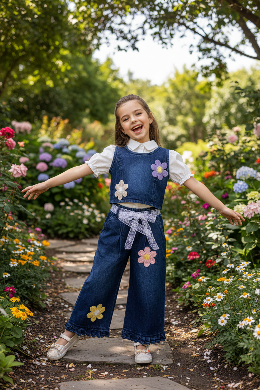 Girl wearing denim flower co-ord - garden setting
