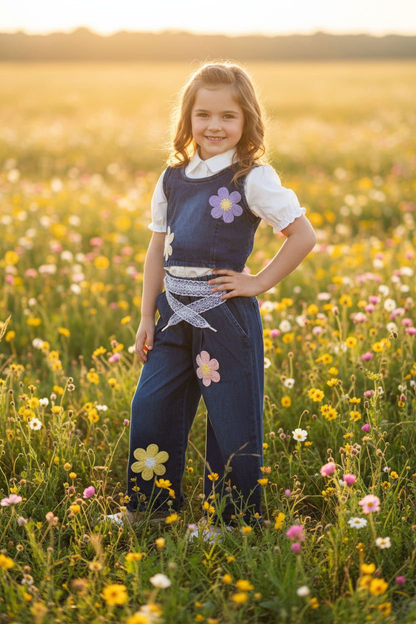 Girl wearing denim flower co-ord - meadow setting