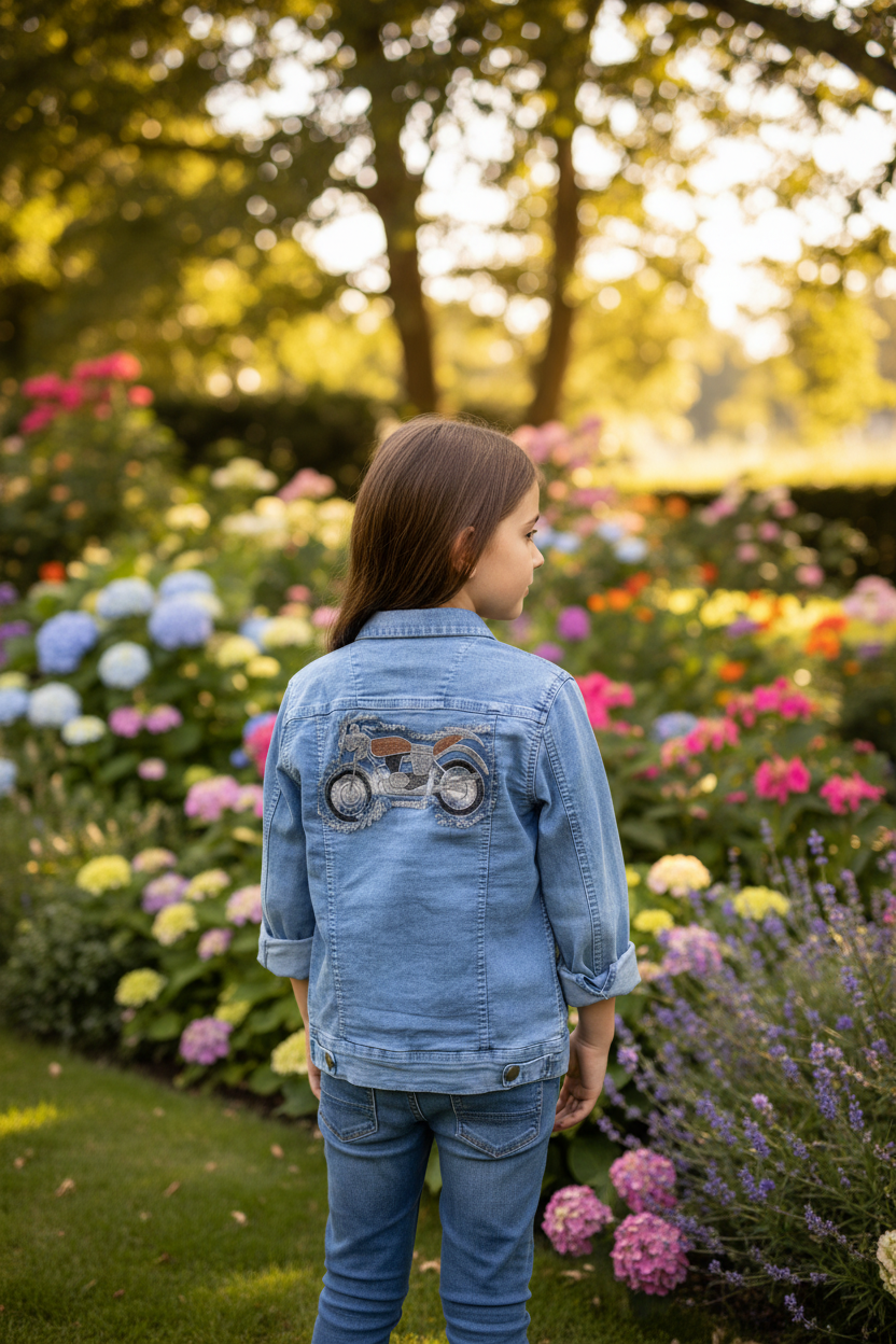 Girl wearing denim jacket - back view garden setting