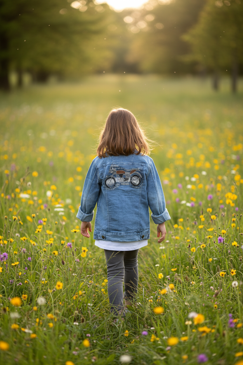 Girl wearing denim jacket - back view meadow setting