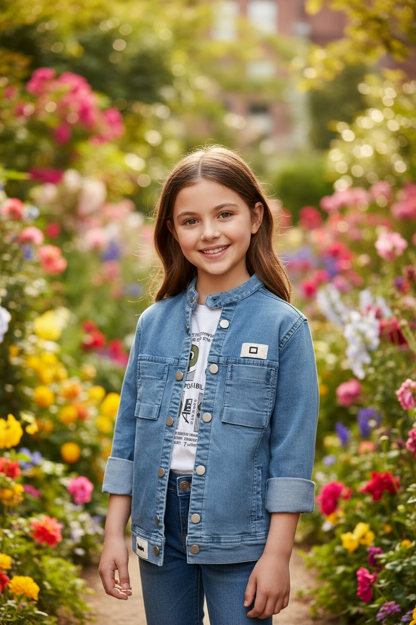 Girl wearing denim jacket - garden setting