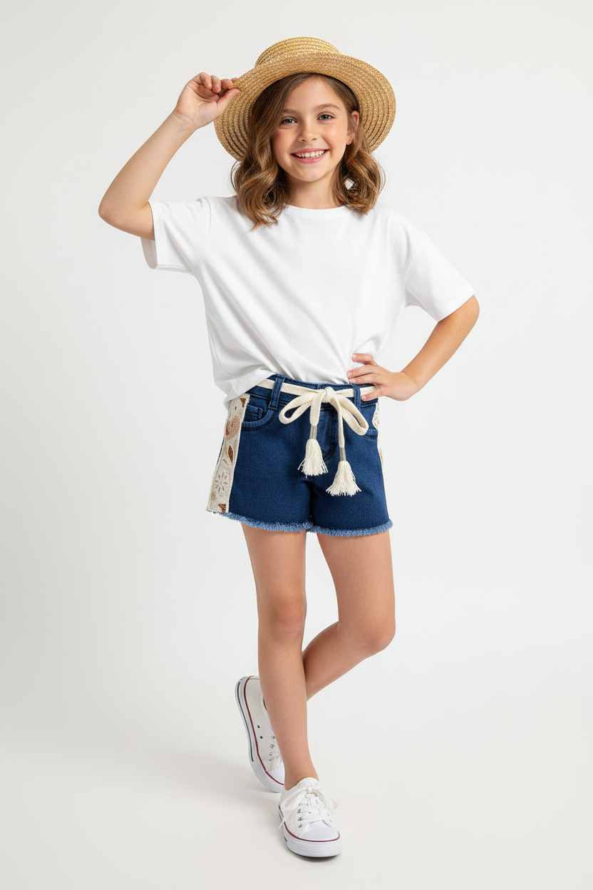 Girl wearing denim shorts - front view