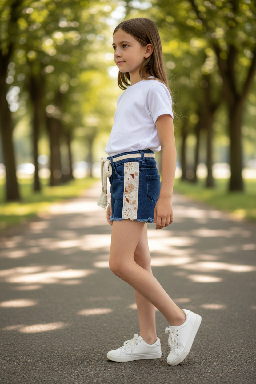 Girl wearing denim shorts - side view