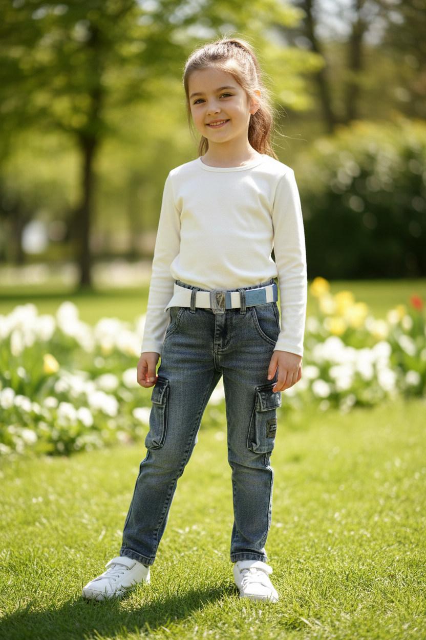 Girl wearing grayish cargo denim pants - standing