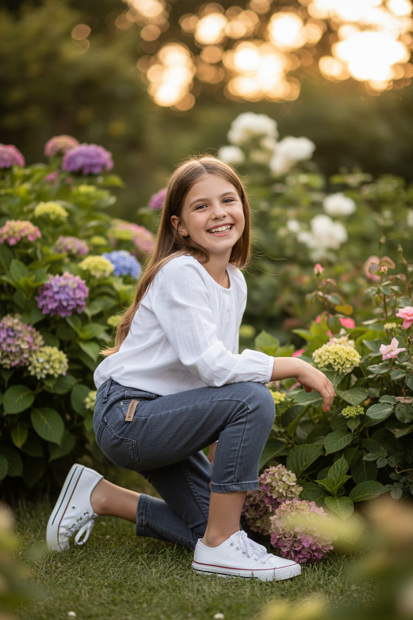 Girl wearing grey denim jeans - garden setting
