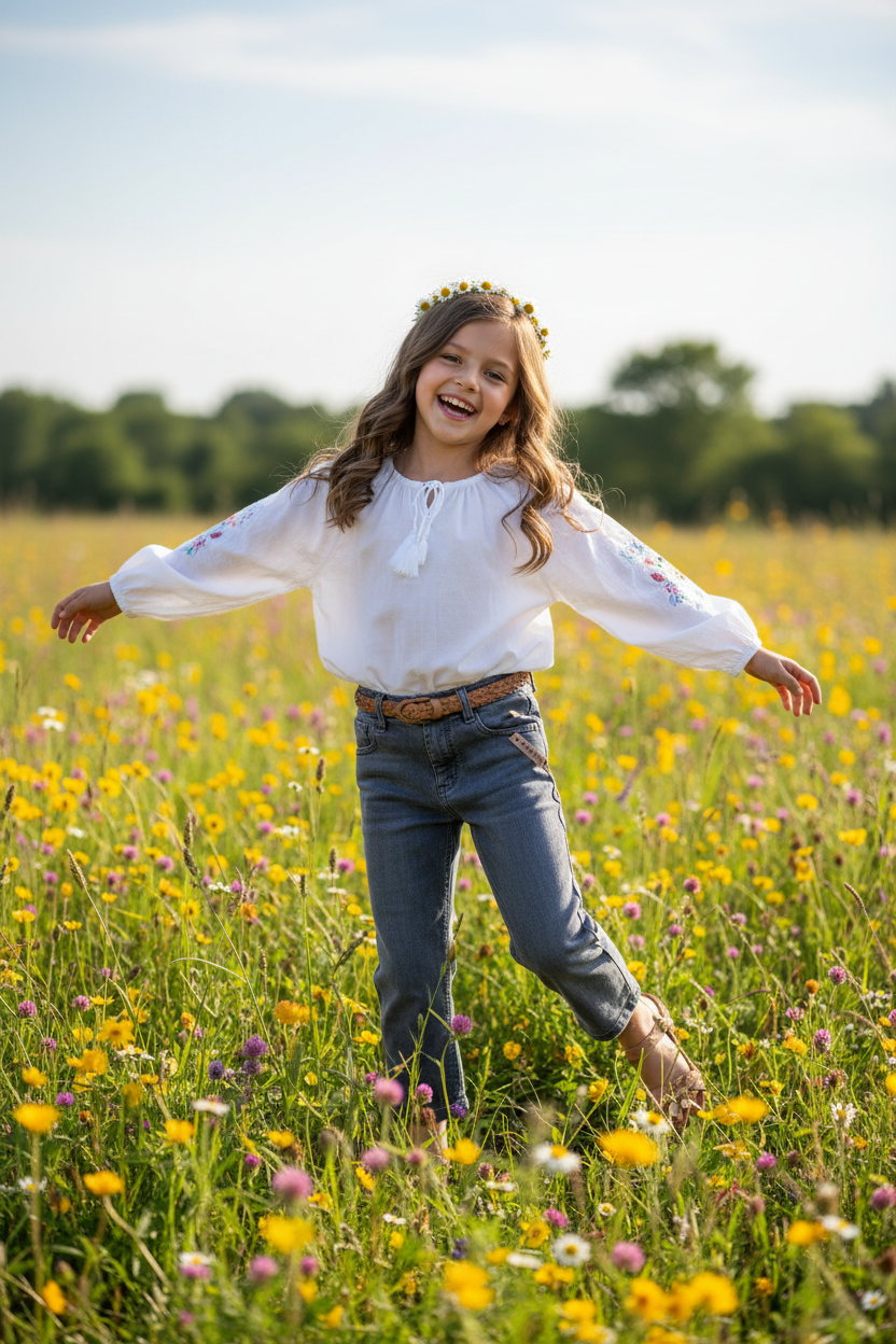 Girl wearing grey denim jeans - meadow setting