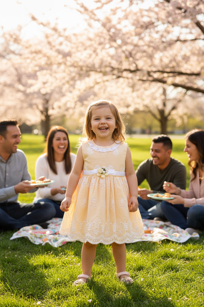 Girl with family wearing peach eyelet dress
