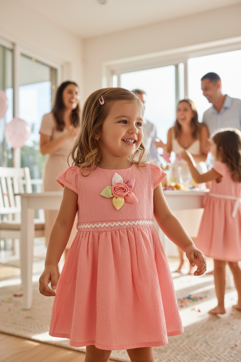 Girl with family wearing pink floral dress
